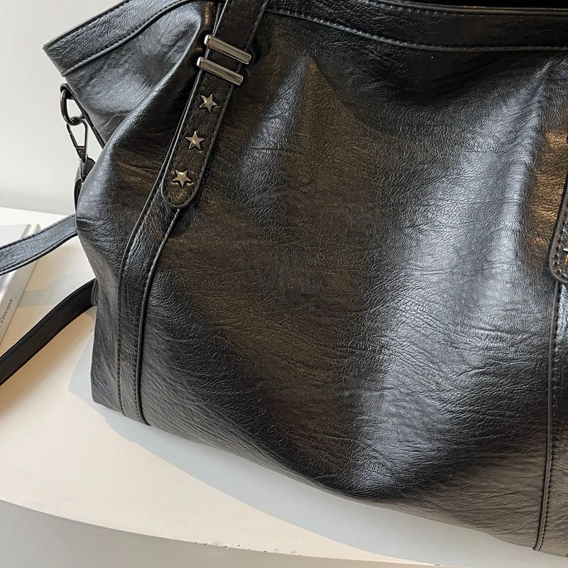 Leather Womens Tote Shoulder Crossbody Bag (Black)