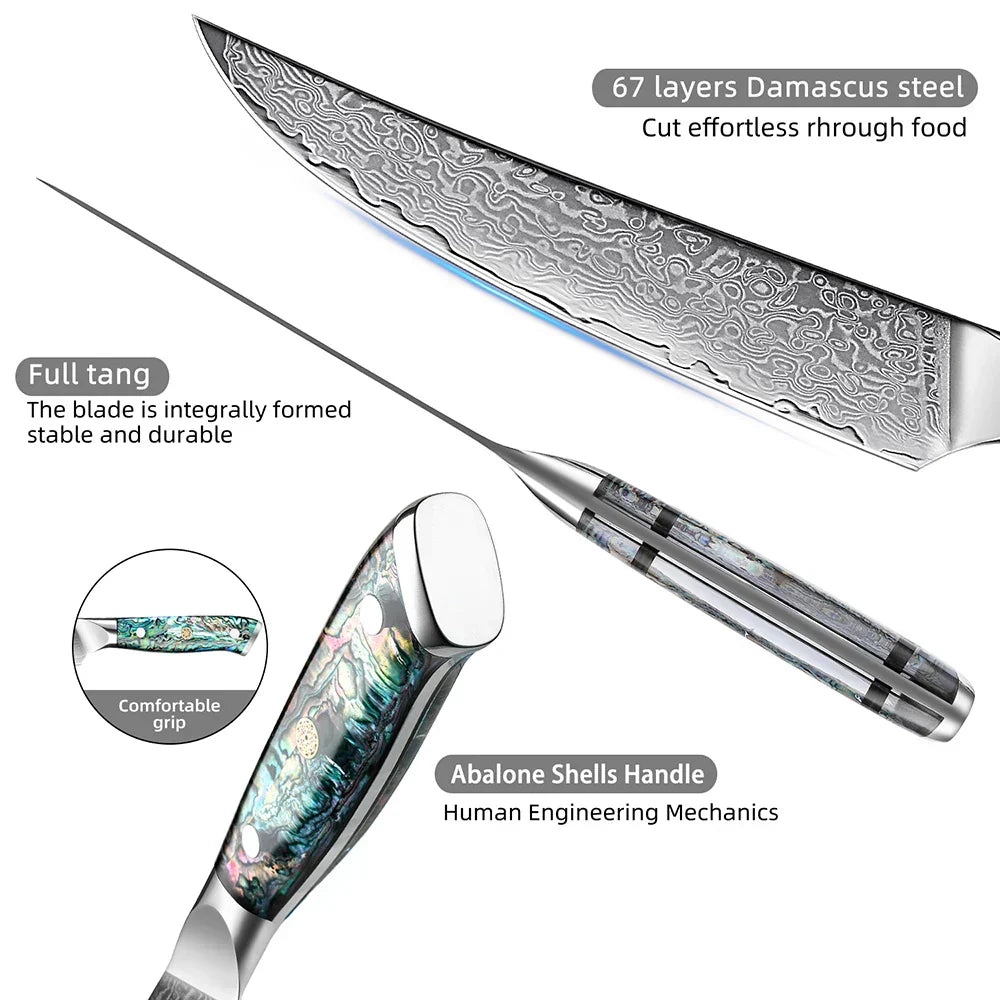 6-Inch Damascus Utility Knife Abalone Shell Handle Blue
