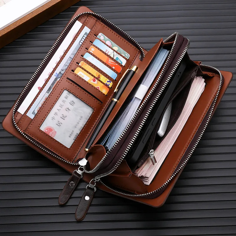 Men Leather Clutch Bag Double Zipper Business (Brown)
