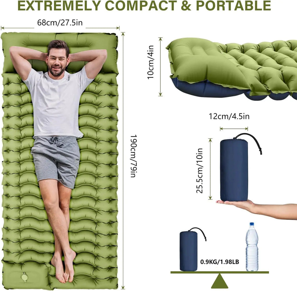 4-Inch Thick Inflatable Camping Sleeping Mat Built-in Pillow And Pump Green