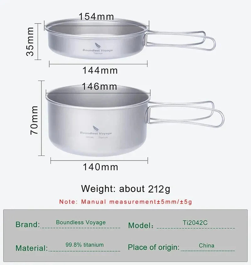 Titanium Camping Cookware Set Pan with Folding Handles Silver