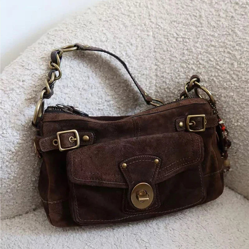 Vintage Suede Double Pocket Shoulder Bag