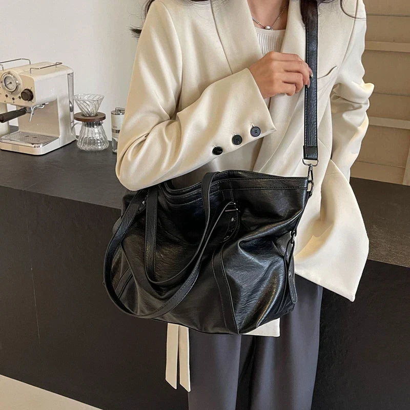 Leather Womens Tote Shoulder Crossbody Bag (Black)