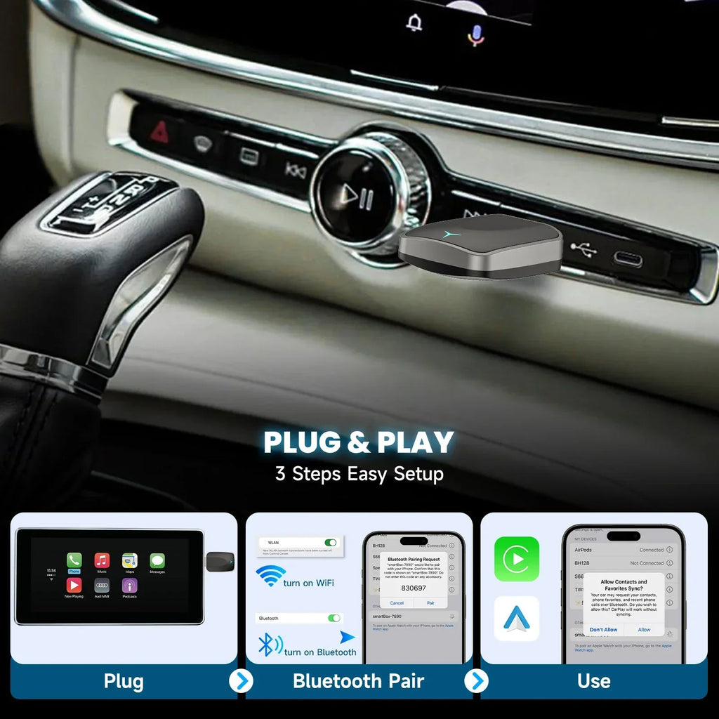 Wired to Wireless CarPlay Android Auto Adapter Black