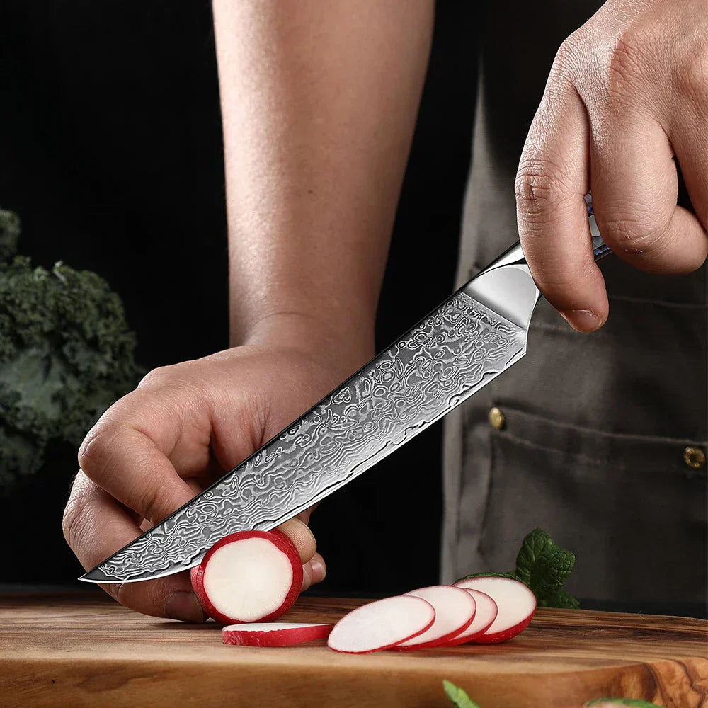 6-Inch Damascus Utility Knife Abalone Shell Handle Blue