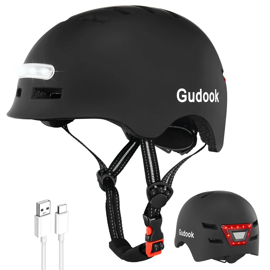 Bike Helmet with Front And Rear Rechargeable LED Lights Matte Black
