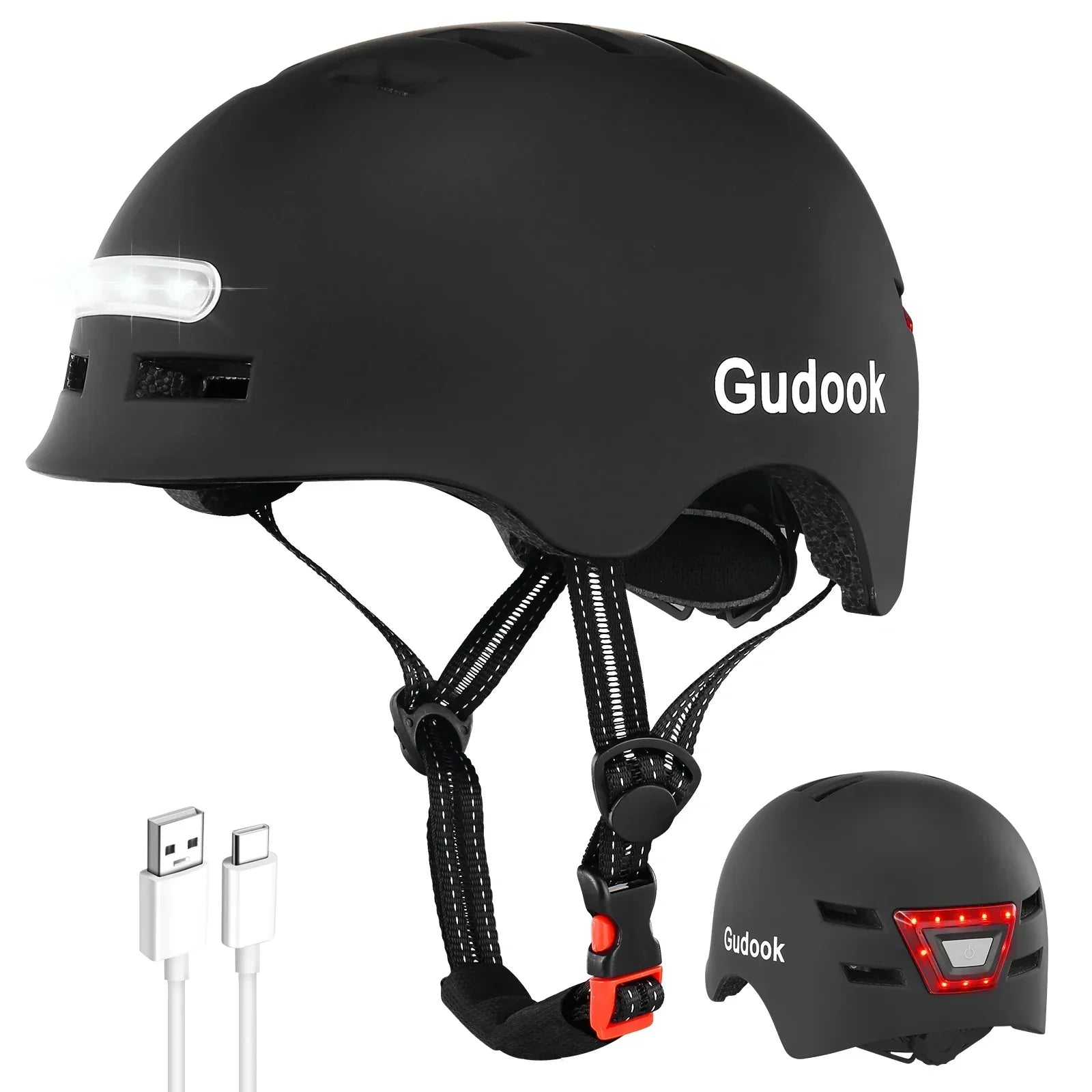 Bike Helmet with Front And Rear Rechargeable LED Lights Matte Black