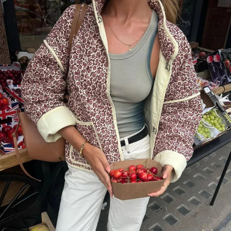 Women's Cropped Floral Quilted Puffer Jacket – Lightweight Winter Coat