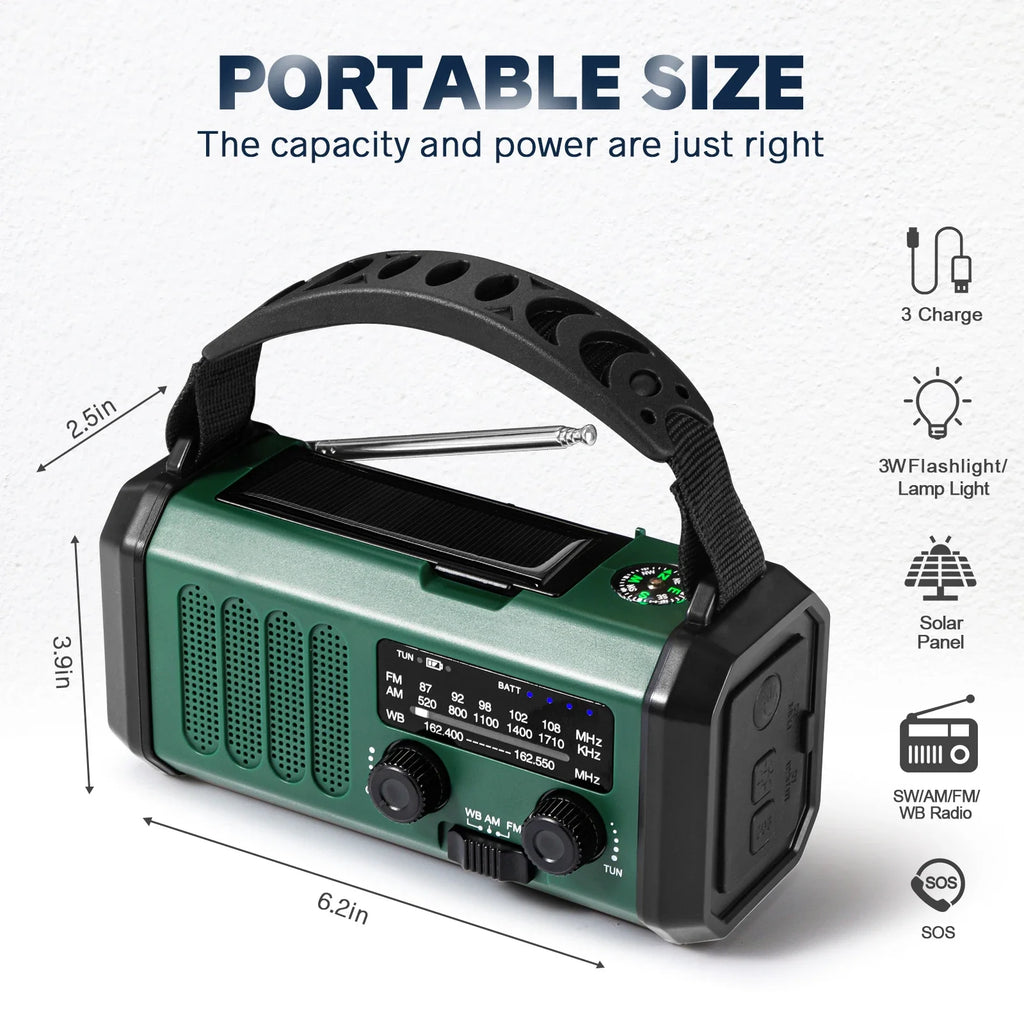 10000mAh Solar Hand Crank Emergency Radio Green