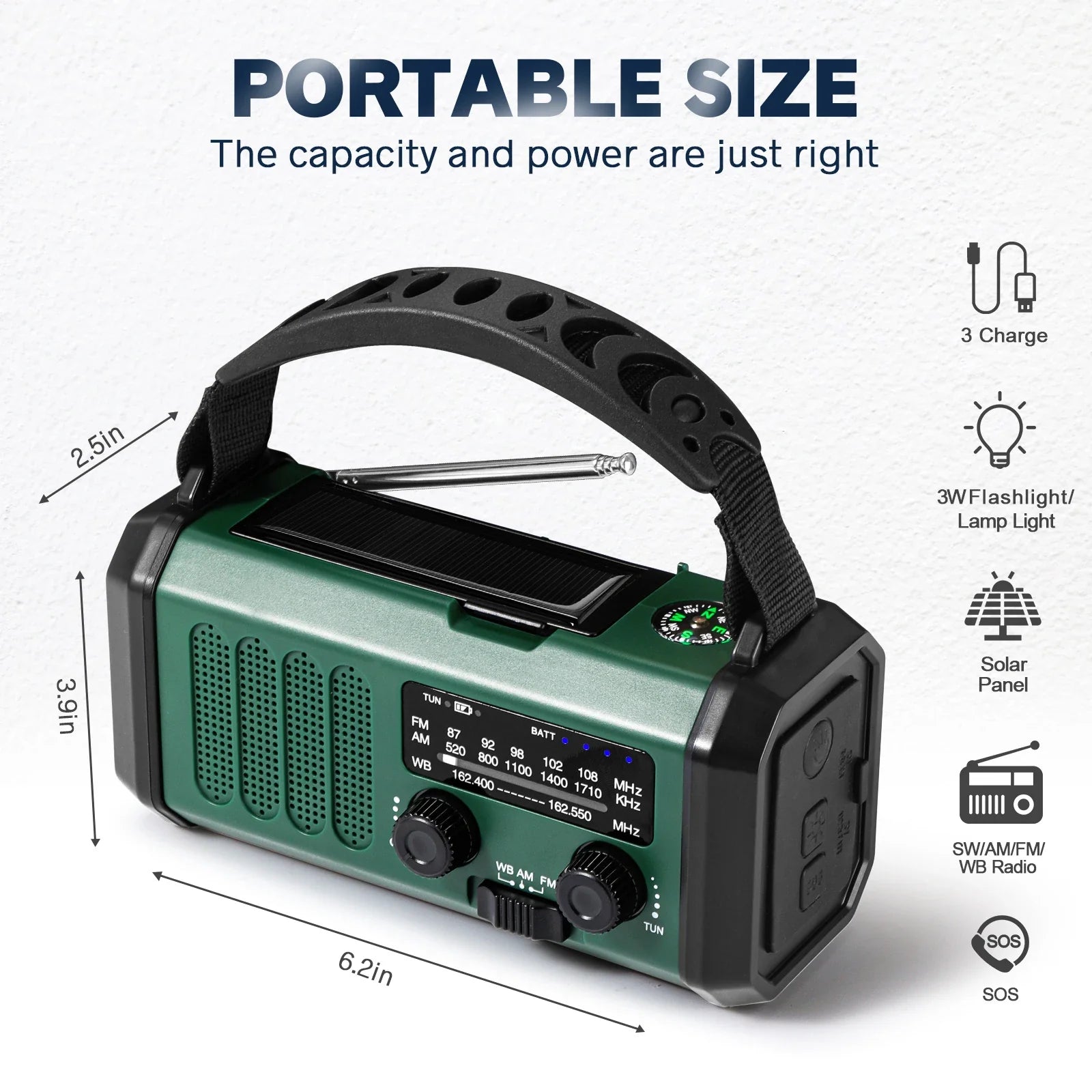 10000mAh Solar Hand Crank Emergency Radio Green