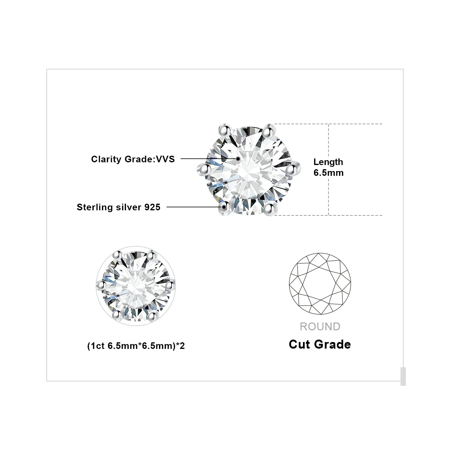 Earrings Stud Round 5A Zirconia Silver for Women (Silver)