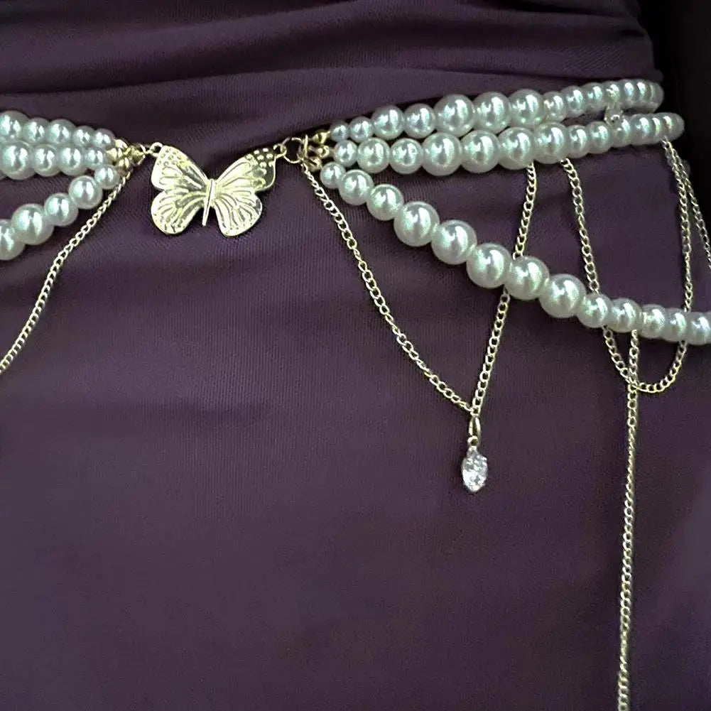 Retro Multilayer Pearl Waist Chain Belt Women (D)