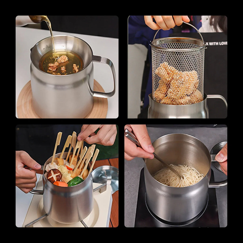 2L Stainless Steel Oil Filter Pot with Fine Mesh Strainer And Fry Basket Silver