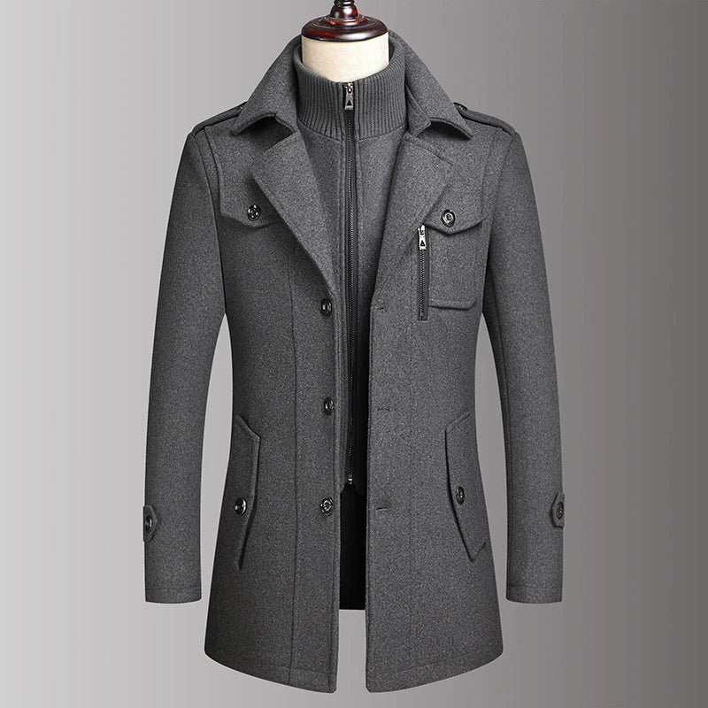 Men's Double Collar Wool Business Coat Winter (Gray)