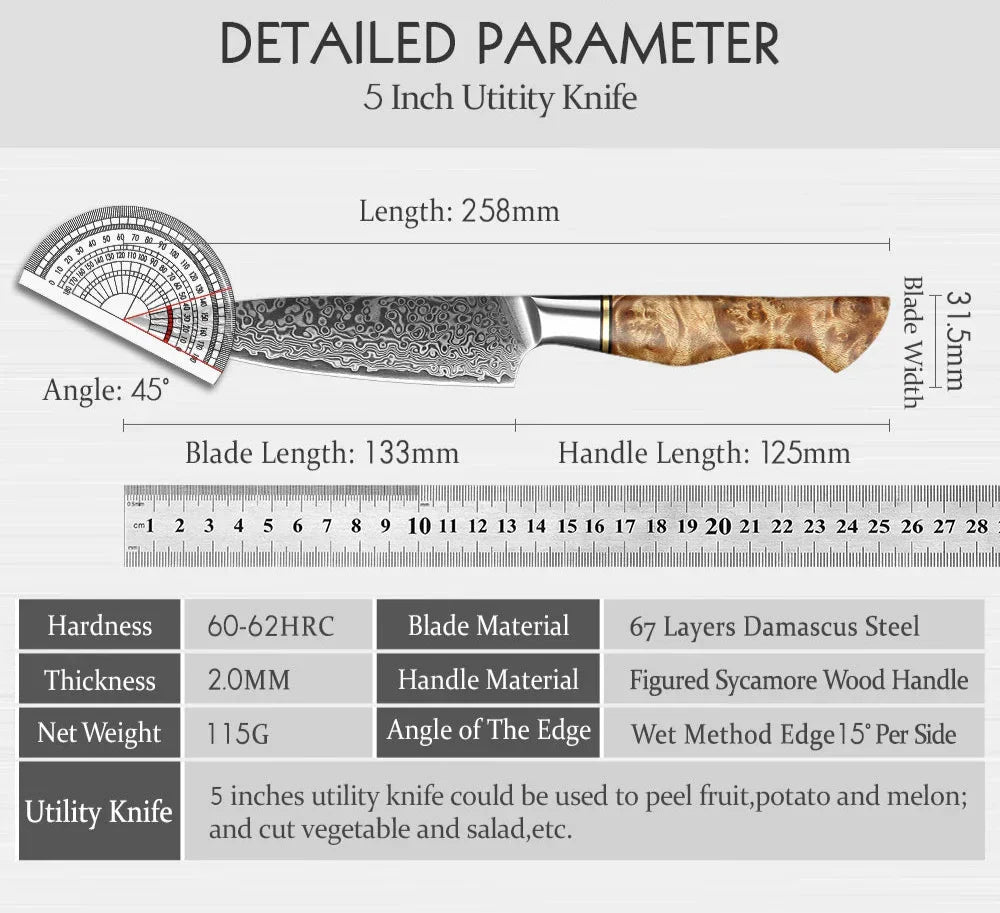 5-Inch Damascus Utility Knife 67-Layer Super Steel Brown