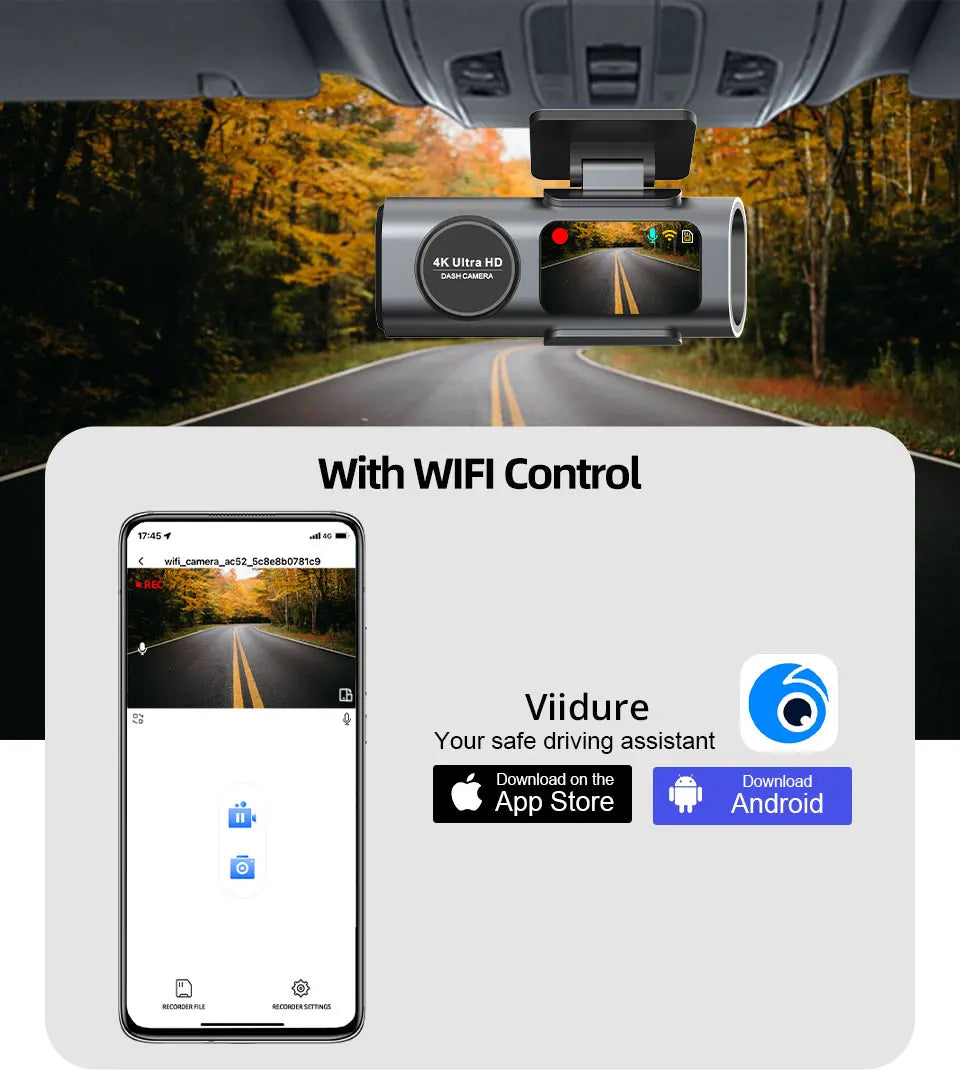 4K UHD Dual Lens Dash Cam Front Rear Night Vision Black