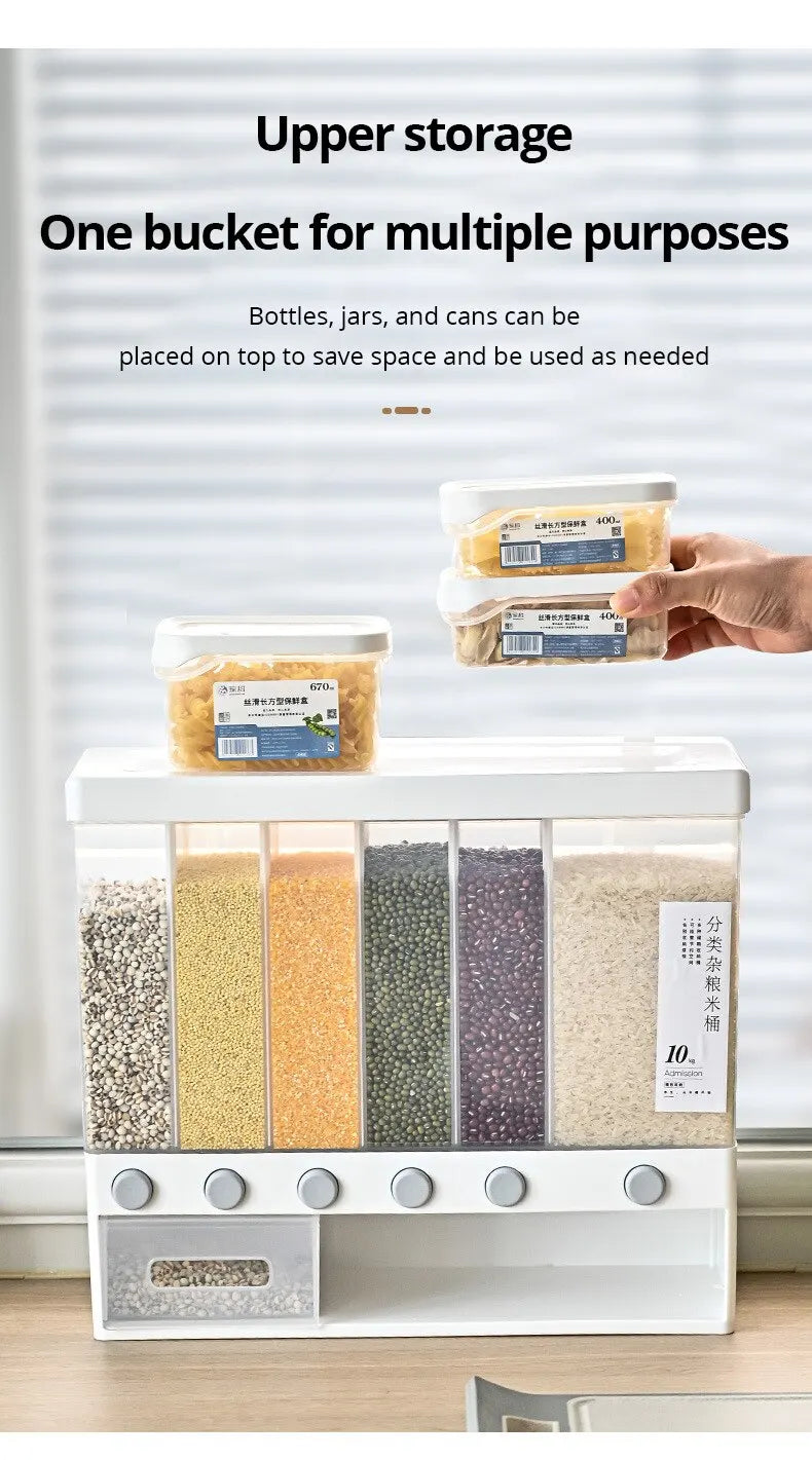 1pc Wall-Mounted Multi-Grid Food Dispenser - Large Capacity Rice Bucket
