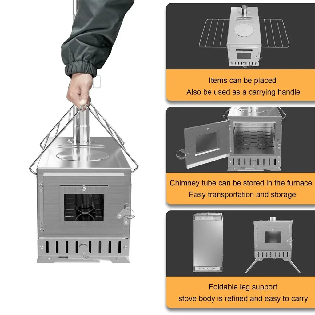 Portable Wood Burning Tent Stove with 6 Stainless Steel Chimney Pipes