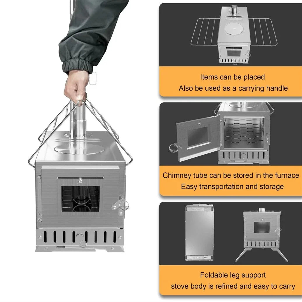 Portable Wood Burning Tent Stove with 6 Stainless Steel Chimney Pipes