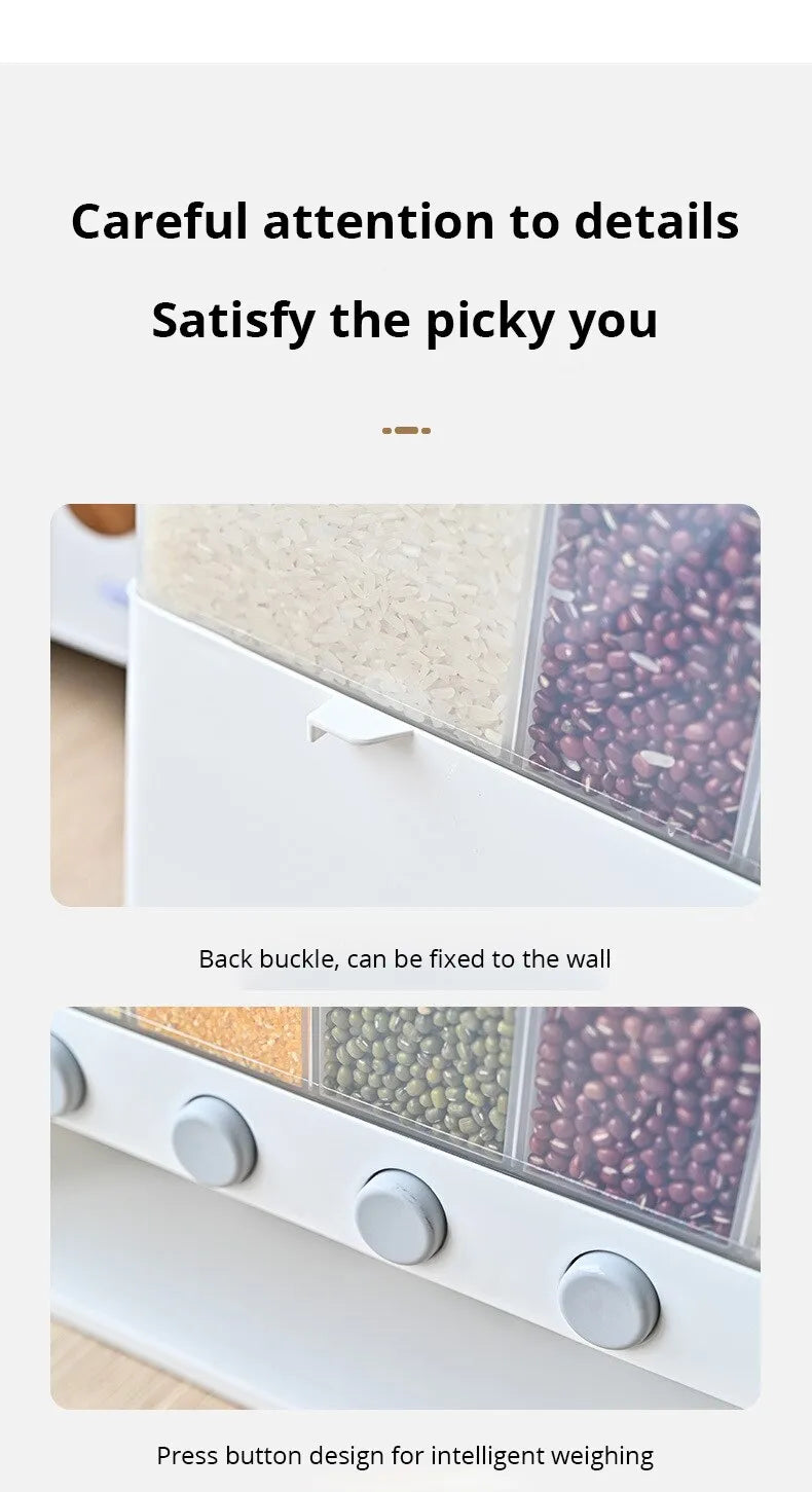 1pc Wall-Mounted Multi-Grid Food Dispenser - Large Capacity Rice Bucket