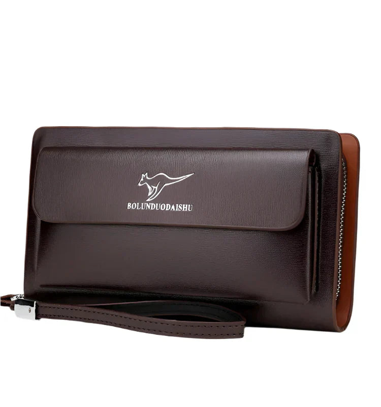 Men Leather Clutch Bag Double Zipper Business (Brown)