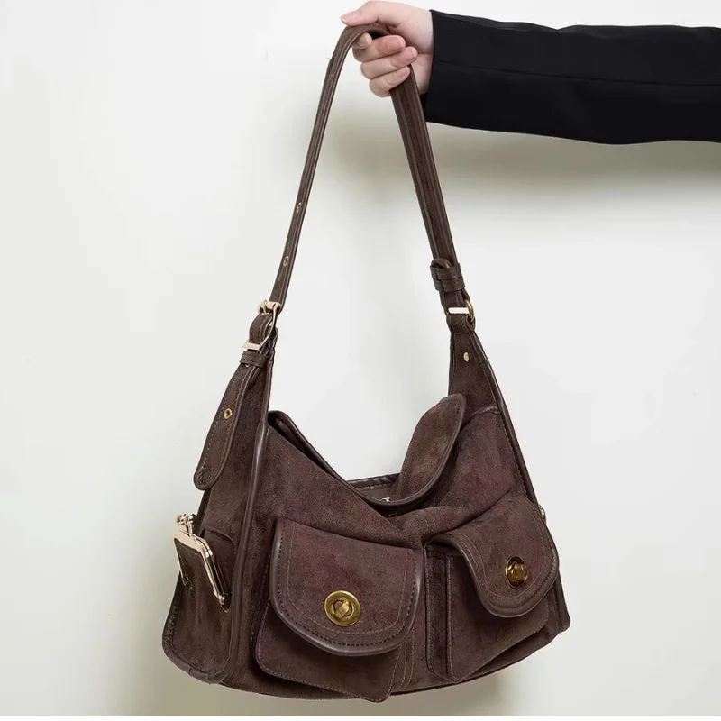 Vintage Suede Double Pocket Shoulder Bag