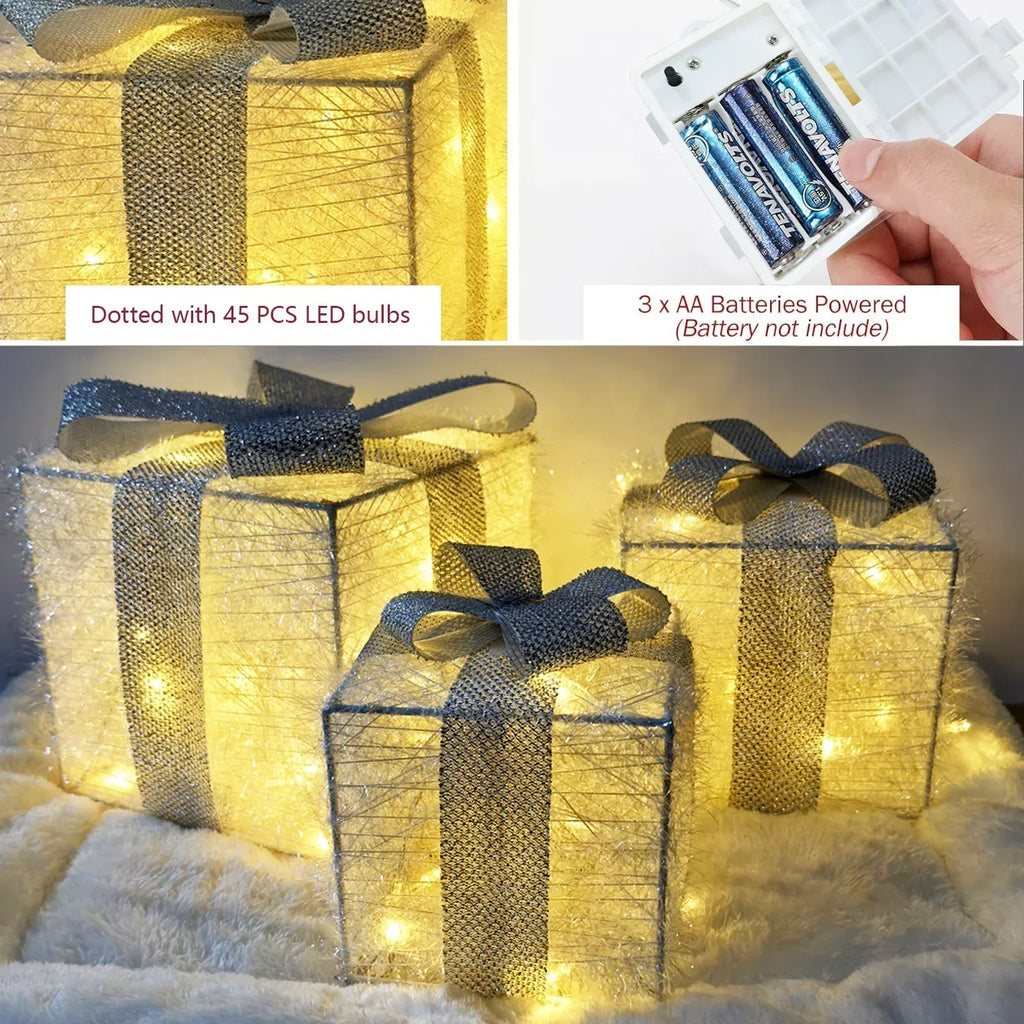 Set Of 3 Led Christmas Lighted Gift Boxes