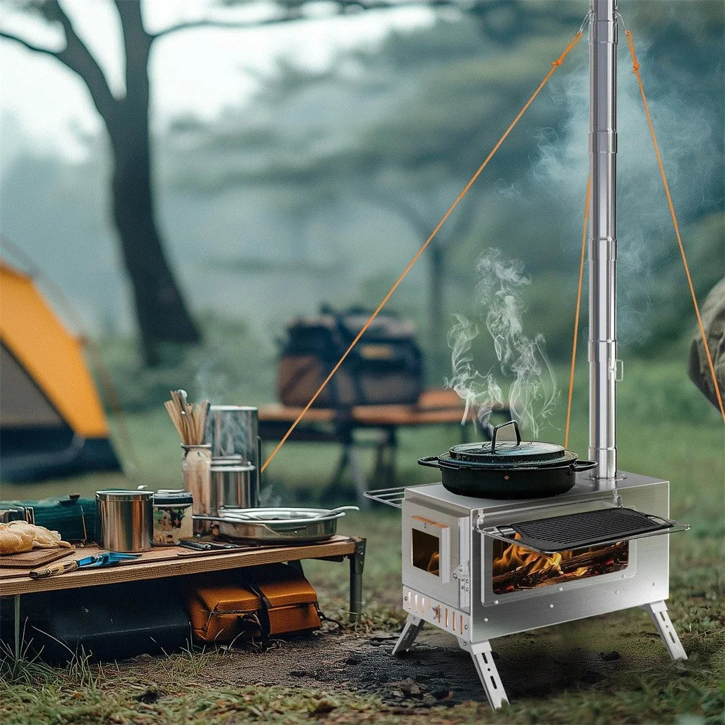 Portable Wood Burning Tent Stove with 6 Stainless Steel Chimney Pipes