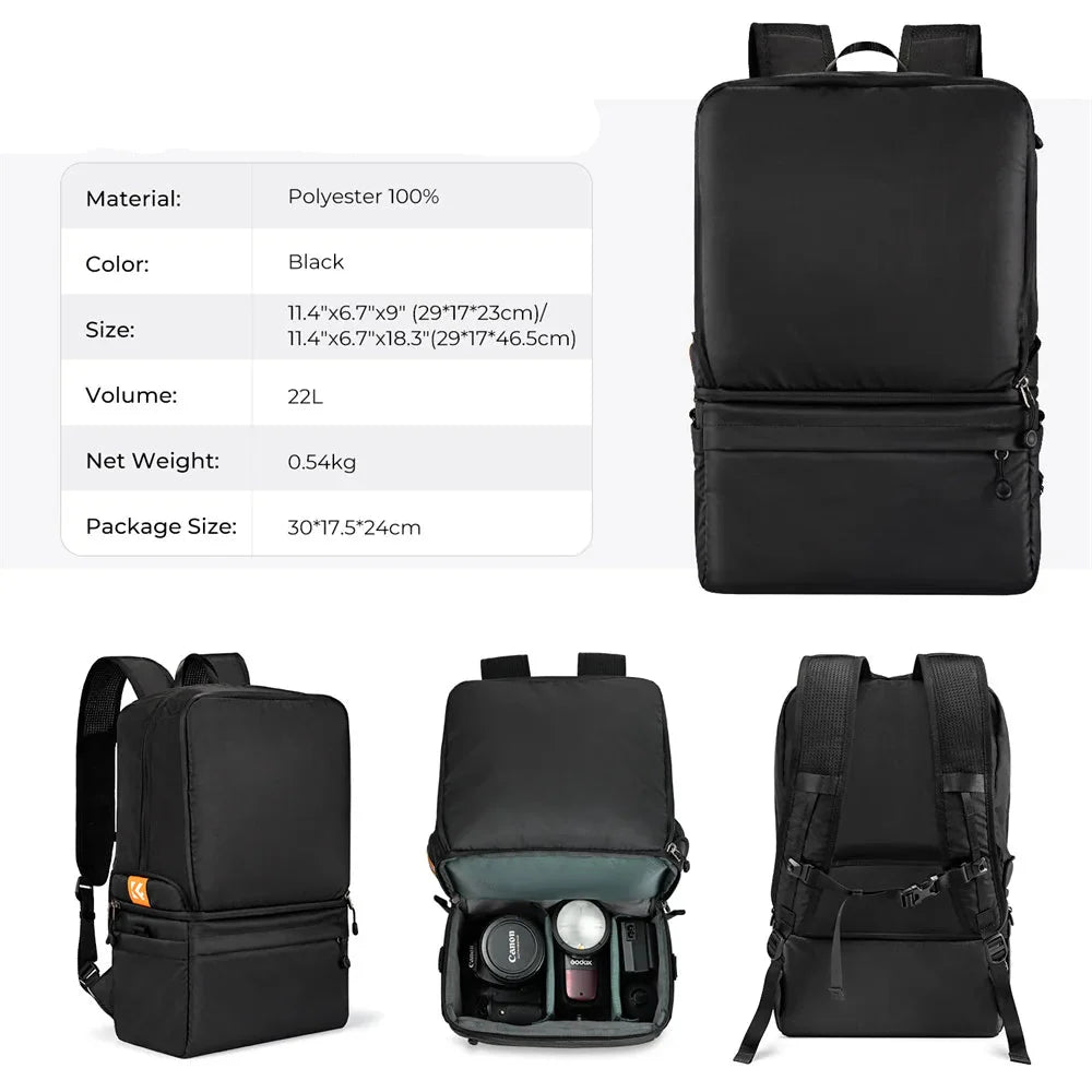 22L 2-in-1 Camera Backpack Sling Bag Black