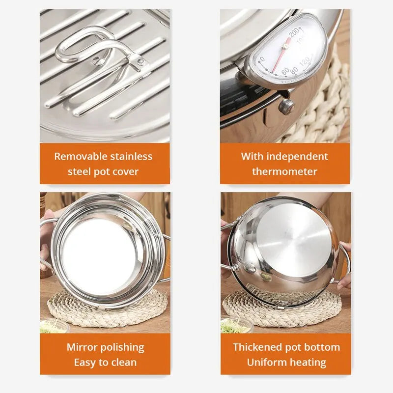 3.2L Stainless Steel Oil Pan with Thermometer Fryer with Lid Silver