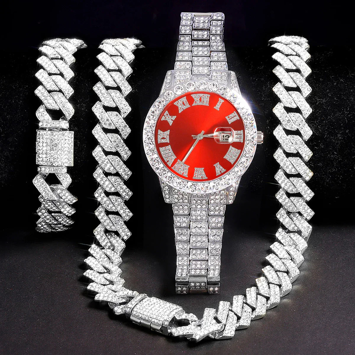3pcs Mens Silver Watch Cuban Chain Bracelet Set (Red)
