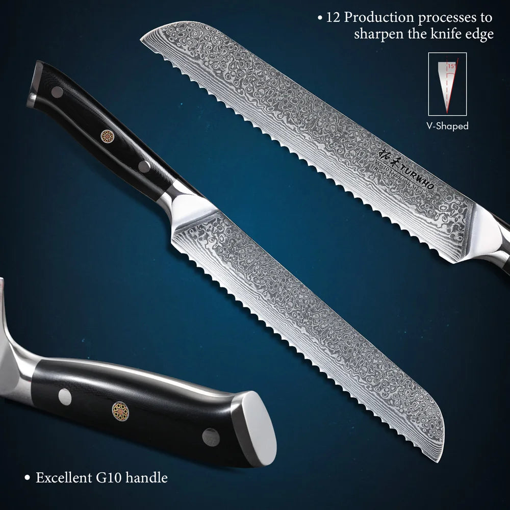 8-Inch Damascus Steel Bread Knife Serrated VG10 Core Blade Black