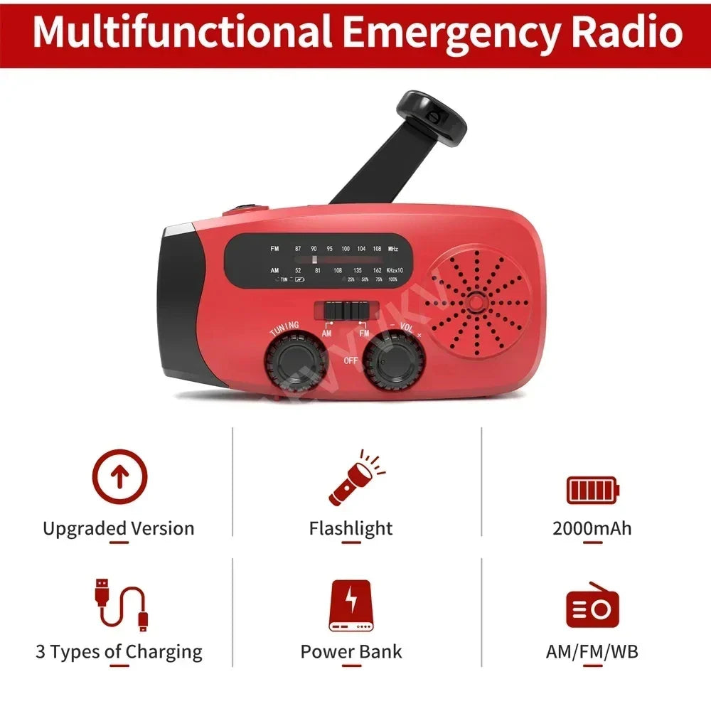 Solar Emergency Radio Power Bank Red