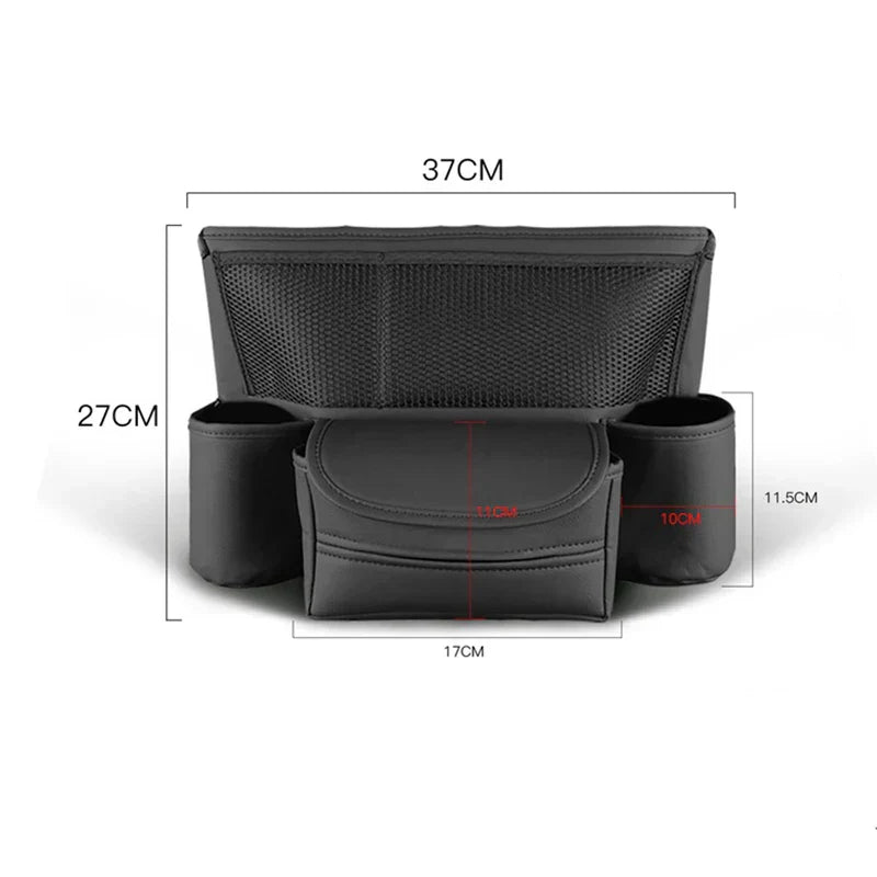 Universal Car Seat Middle Storage Bag–PU Leather Armrest Organizer Black