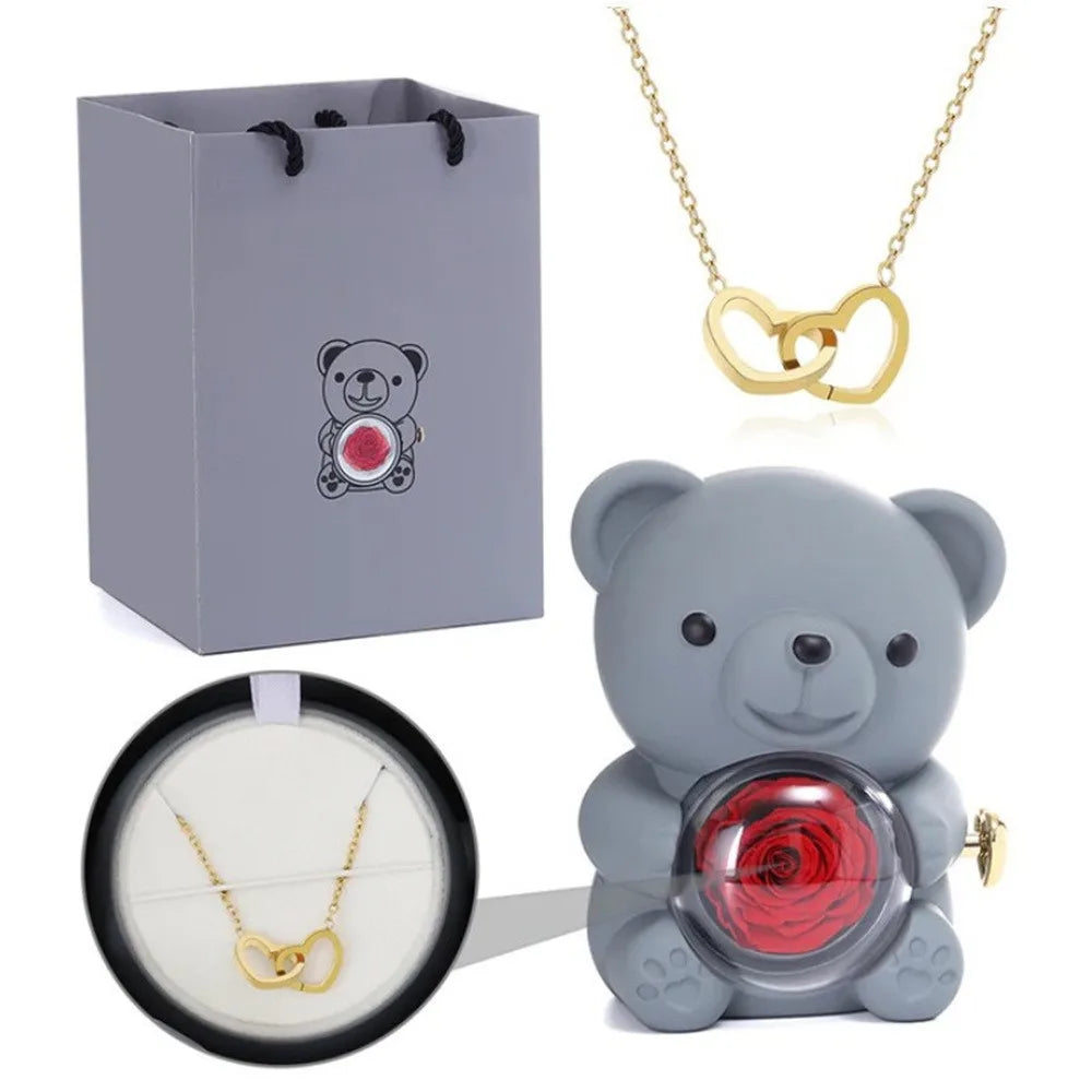 Teddy Bear Gift Box With Rose Jewelry Storage (Grey)