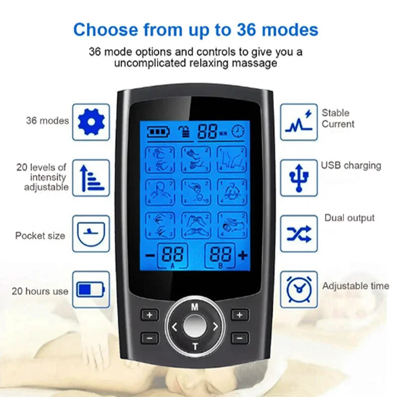 36-Mode Tens & Ems Muscle Stimulator Digital Therapy Device Black