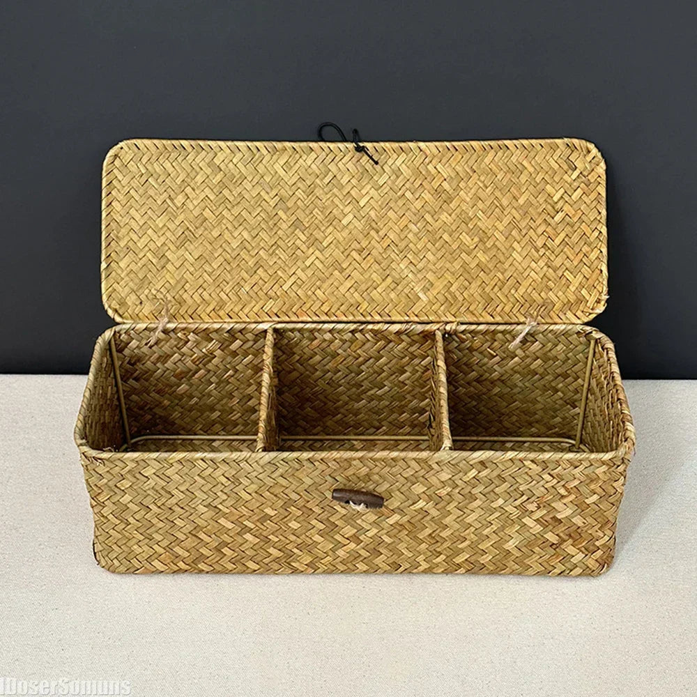 Multi-Purpose Seagrass Storage Basket With Lid And Sections