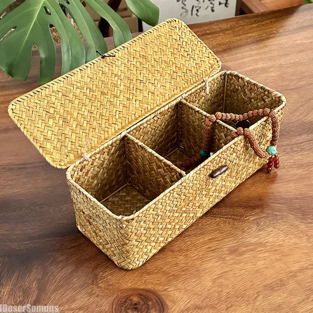 Multi-Purpose Seagrass Storage Basket With Lid And Sections