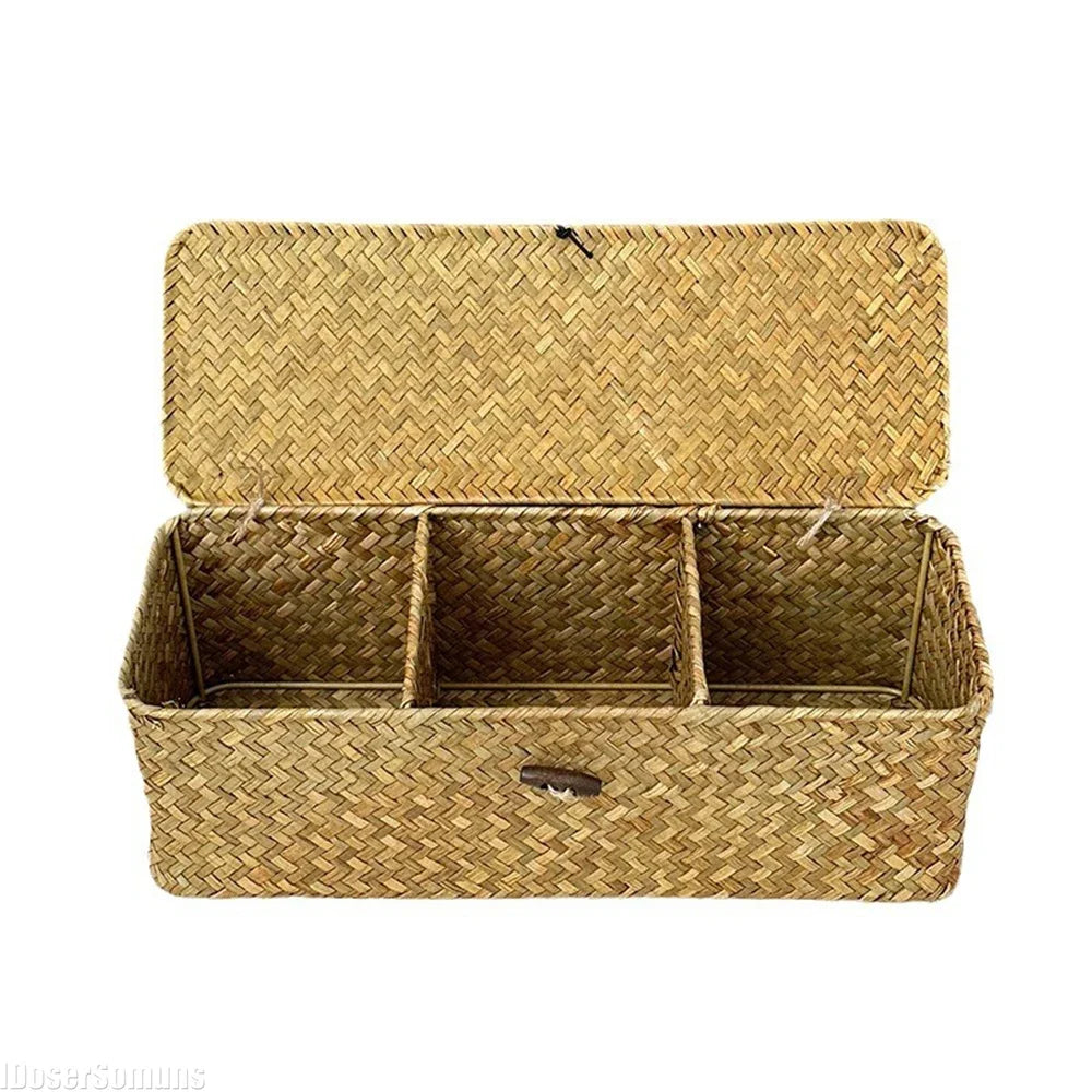 Multi-Purpose Seagrass Storage Basket With Lid And Sections