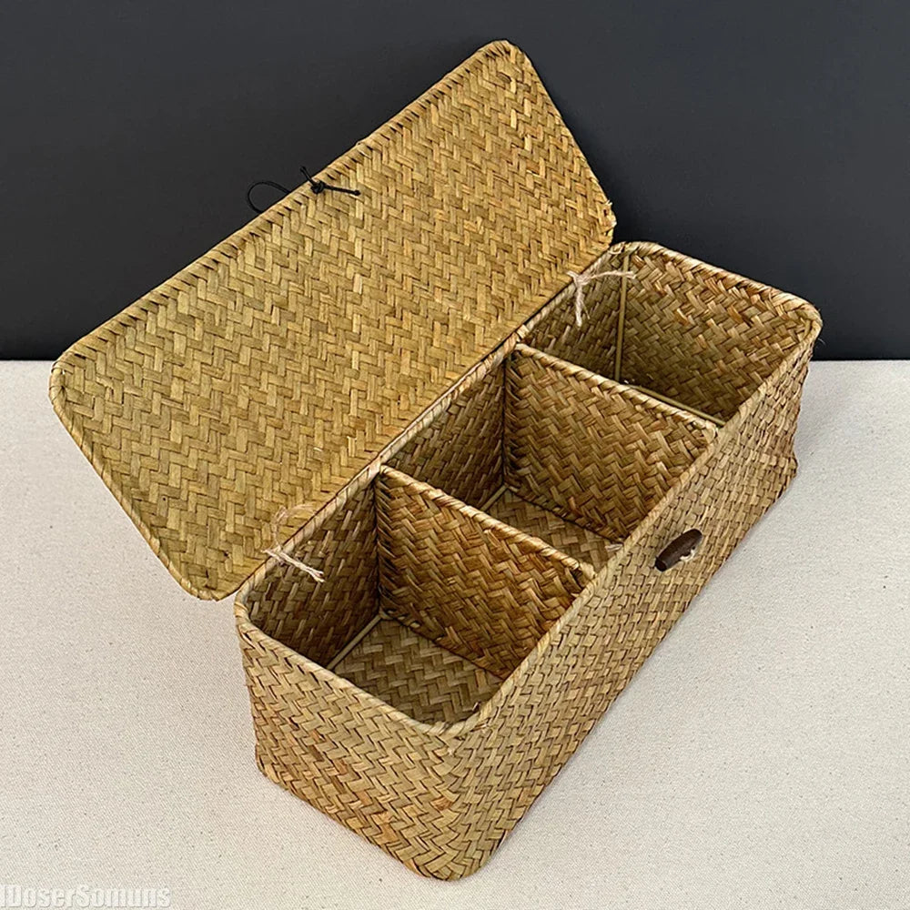 Multi-Purpose Seagrass Storage Basket With Lid And Sections