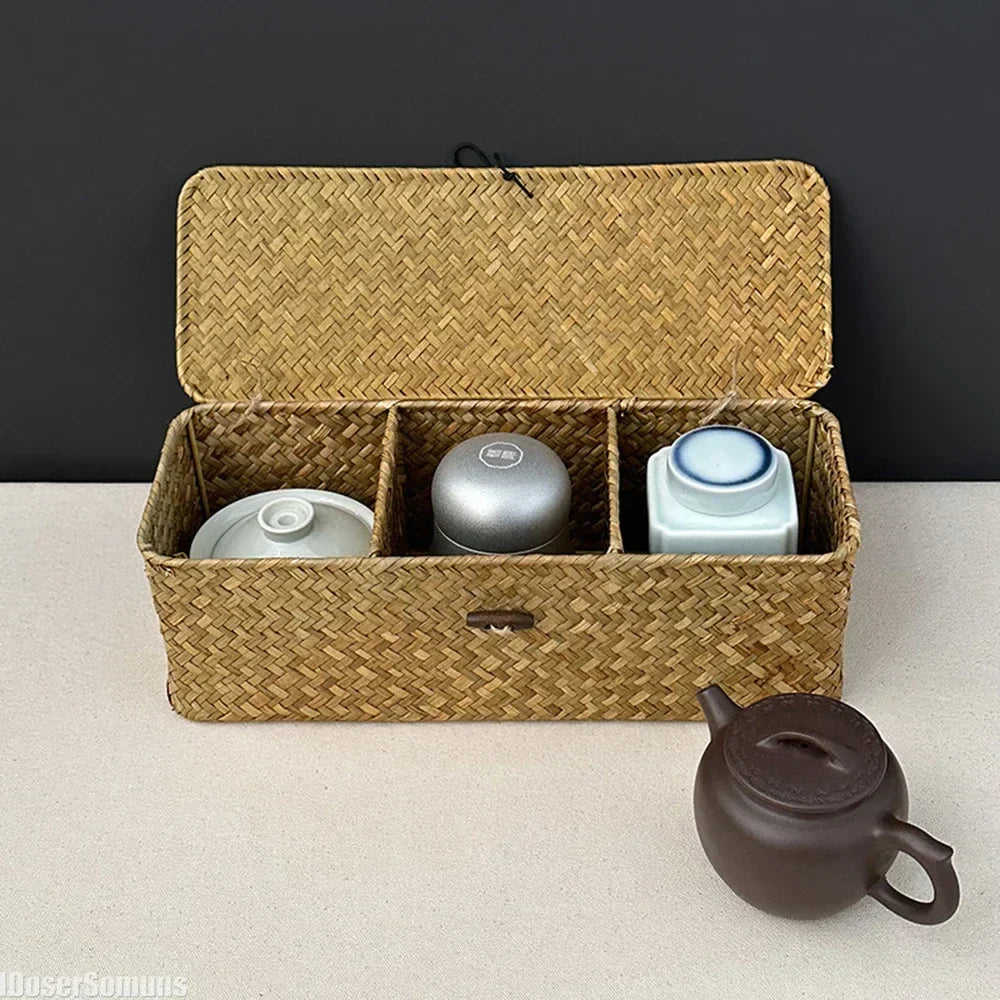 Multi-Purpose Seagrass Storage Basket With Lid And Sections