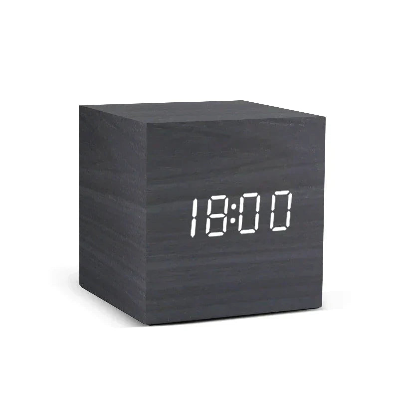 Wooden Digital Alarm Clock – Led Display With Temperature & Sound Control