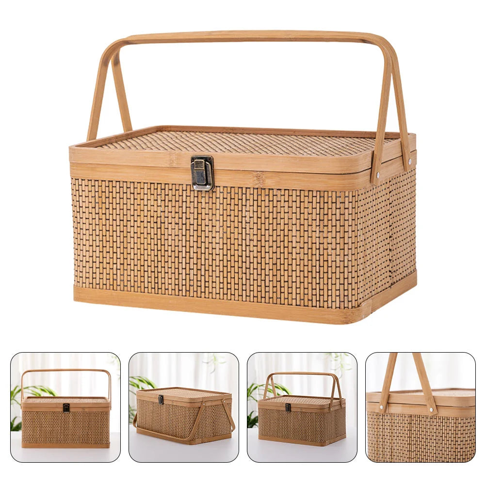 Woven Storage Basket With Locking Lid For Picnic
