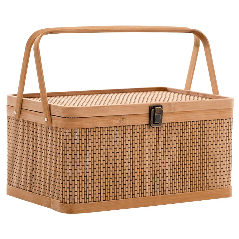 Woven Storage Basket With Locking Lid For Picnic