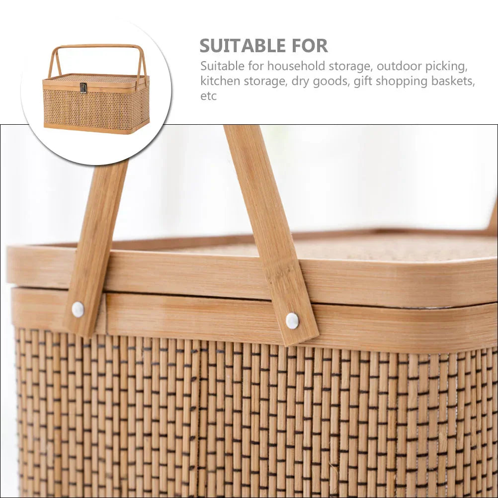 Woven Storage Basket With Locking Lid For Picnic
