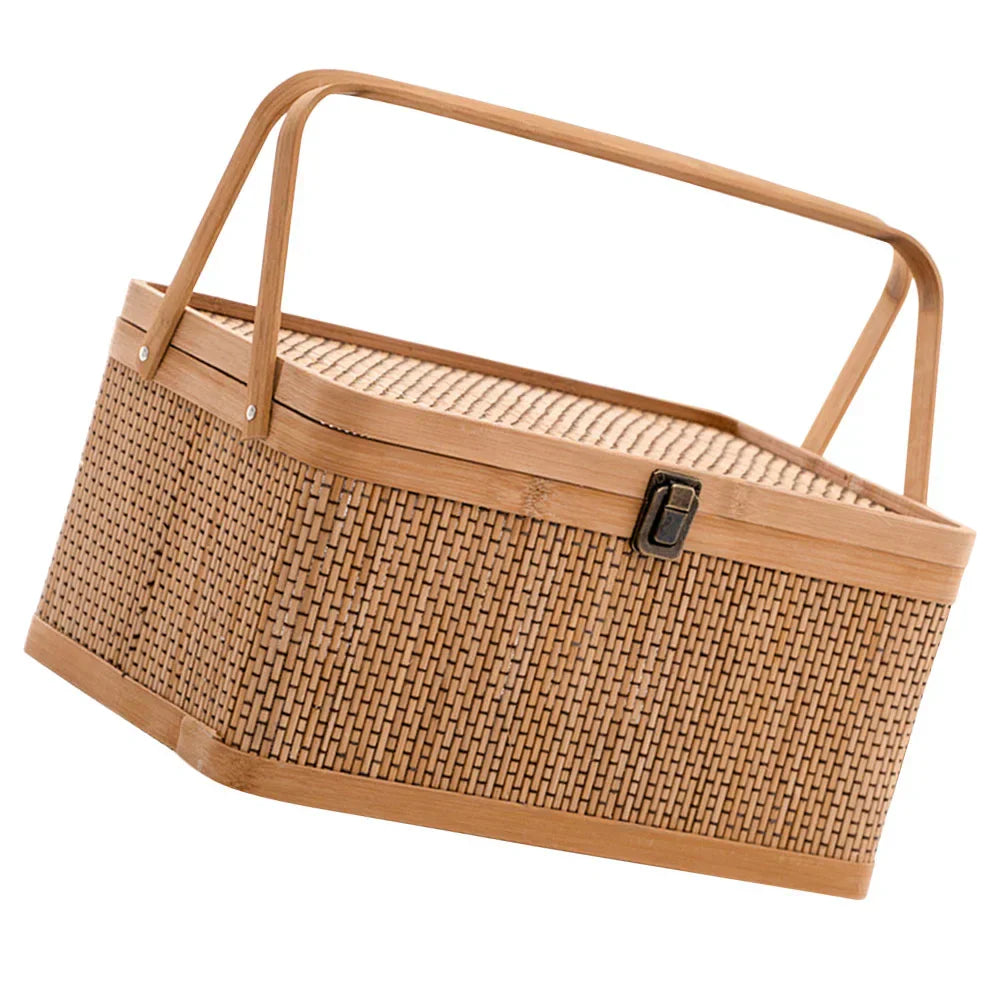 Woven Storage Basket With Locking Lid For Picnic
