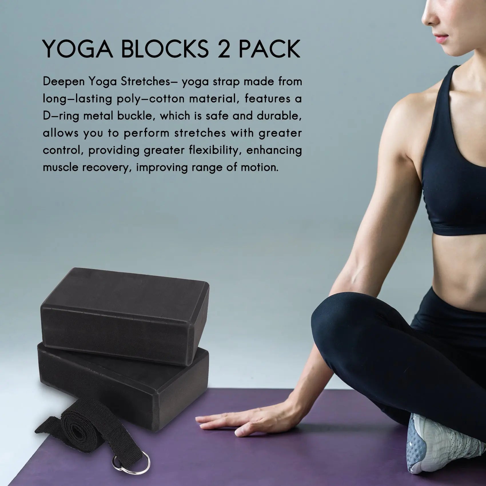 Yoga Block And Strap Set Non-Slip Foam Stretching (Black)