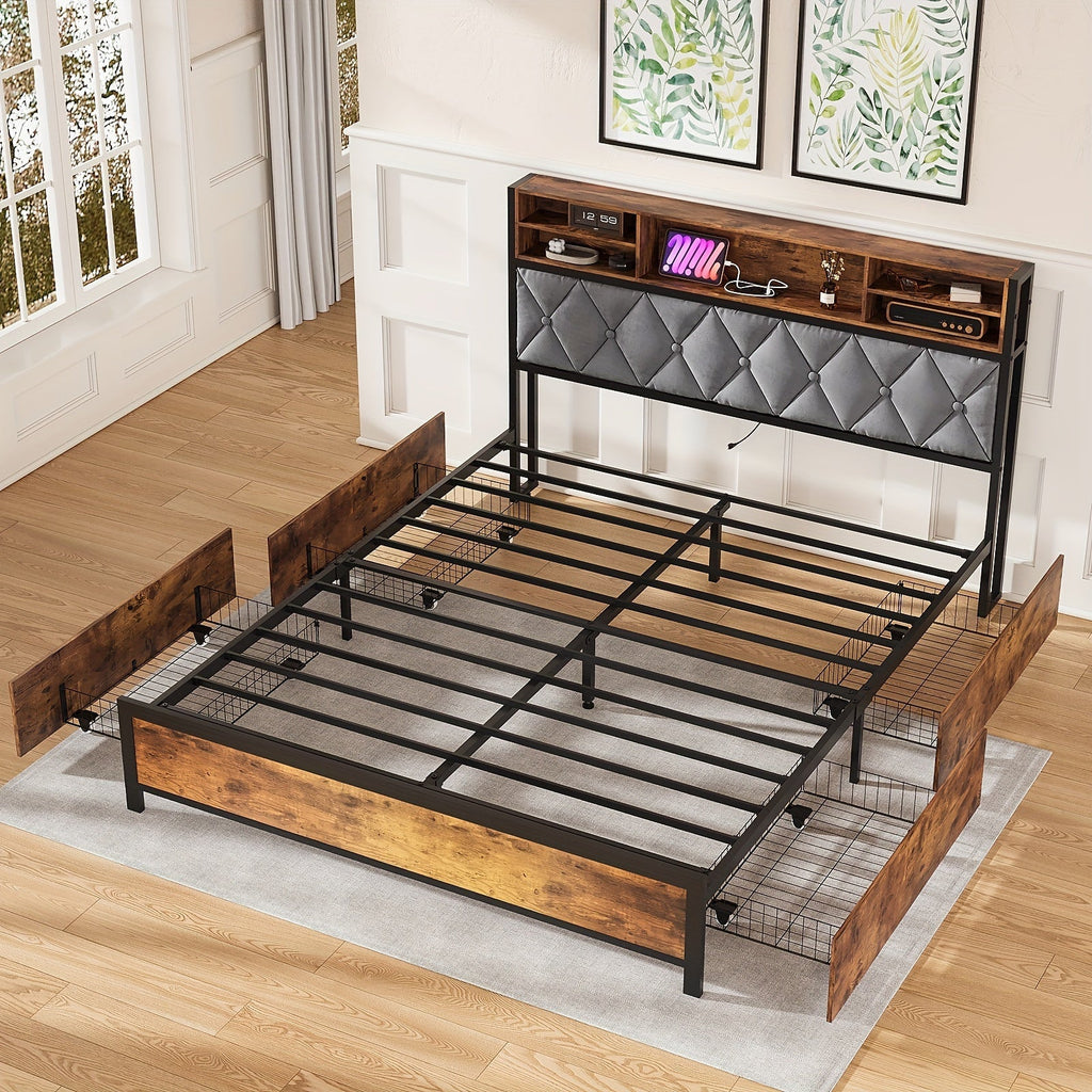 Queen Size Bed Frame With Drawers, Shelf, Headboard & Charging Station(Brown)