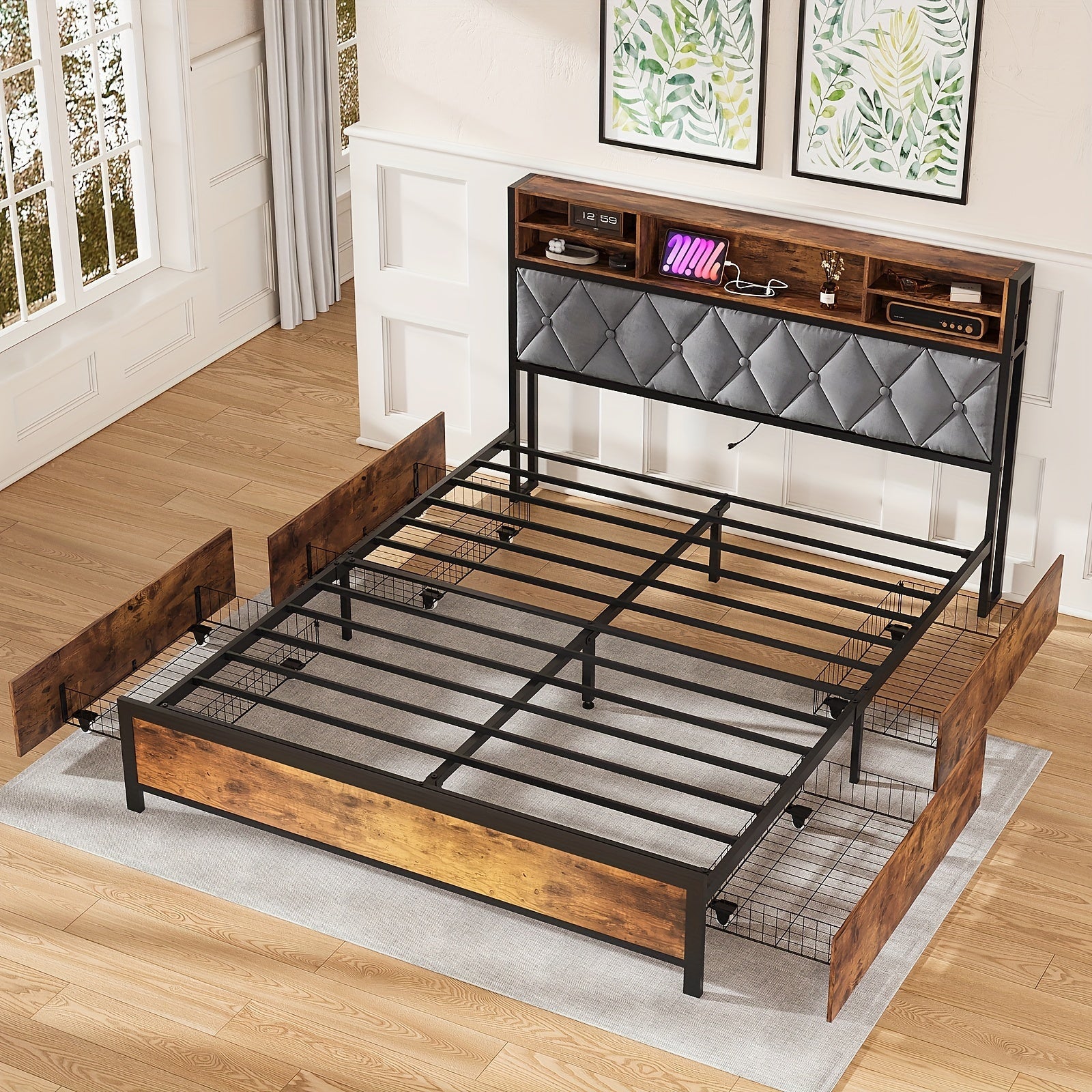 Queen Size Bed Frame With Drawers, Shelf, Headboard & Charging Station(Brown)