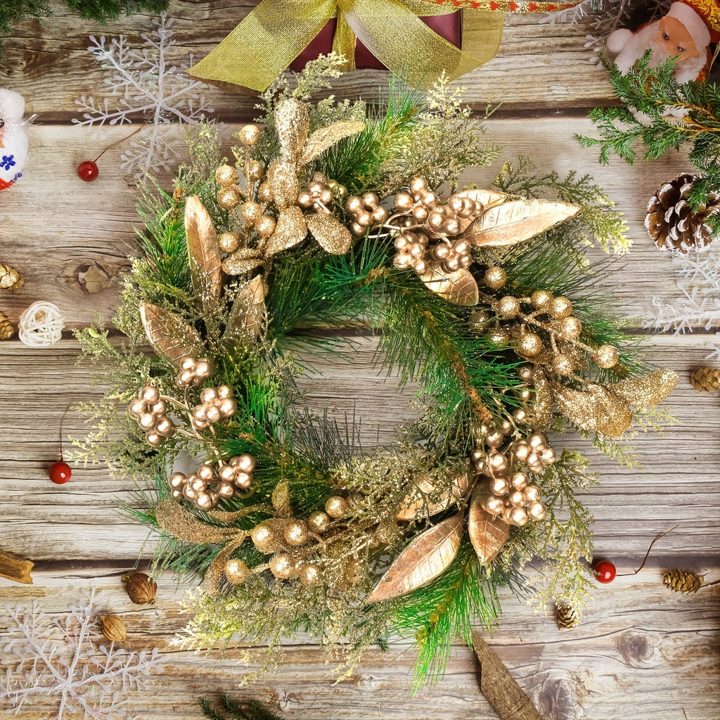 Classic Christmas Wreath Golden Leaves and Berries